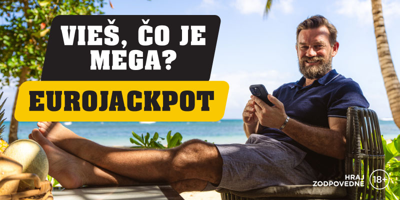 Na obrázku sa nachádzka muž, ktorý leží na lehátku v exotickej destinácii. V ruke má telefón. Na obrázku vídme text: !Vieš, čo je mega? Eurojackpot"